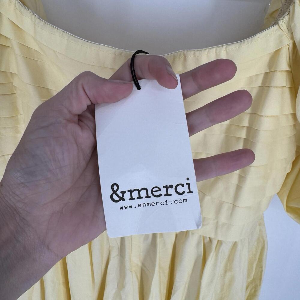 &Merci dress medium M butter yellow milkmaid puff sleeve midi wedding cotton - Picture 3 of 3